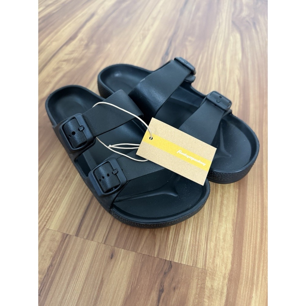 Funkymonkey Women Black Comfort Slides Double Buckle Adjustable Flat Sandals 10M